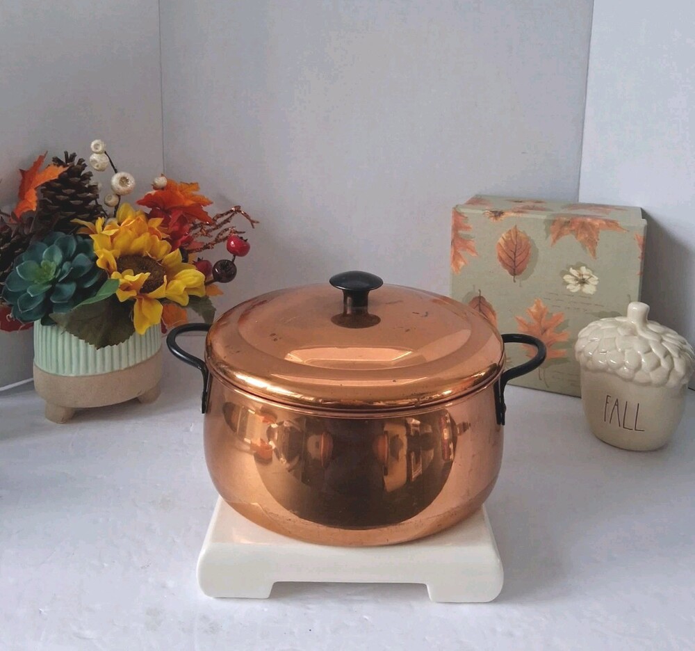 VTG Coppercraft Guild Copper Pot w/ Lid, Serving Dish; Black Knob + Handles